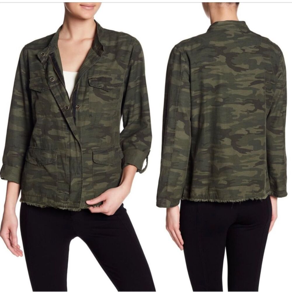 Sanctuary Fray Hem Utility Jacket Green Camo Cotton Canvas Snap Front Military M - Picture 1 of 13